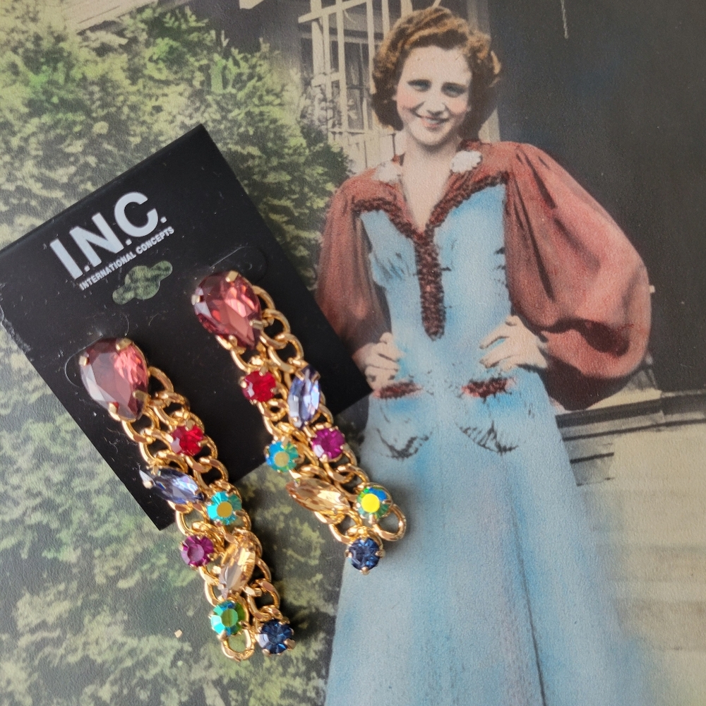Stunning INC Earrings ~ Pierced ~ Multi-Color Rhinestone ~ Gold-tone Links ~ NWT